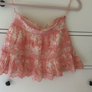 Love Shack Fancy cream and dusty pink mini skirt